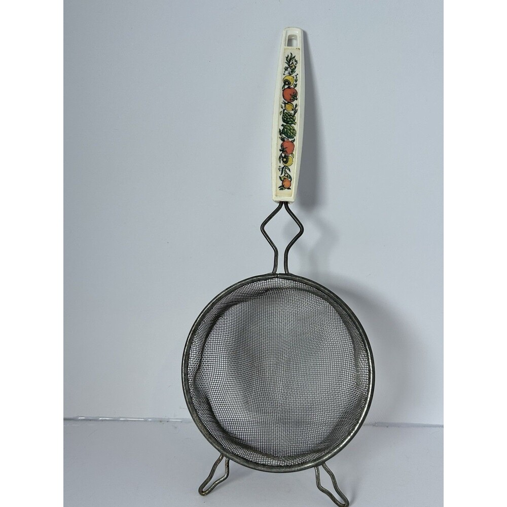 Vintage Spice of Life Pattern Mesh Strainer/Sifter 12” Mushrooms Veggies Retro